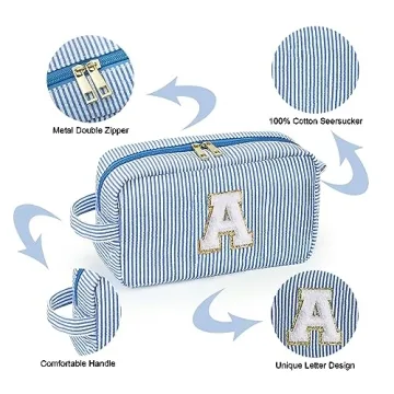 YOOLIFE Makeup Bag for Women - Monogram Cute Initial Blue Makeup Bags Cosmetic Toiletry Pouch Make Up Case for Women Her Best Friend Friendship Sister Teacher, Personalized Birthday Gifts for Women C