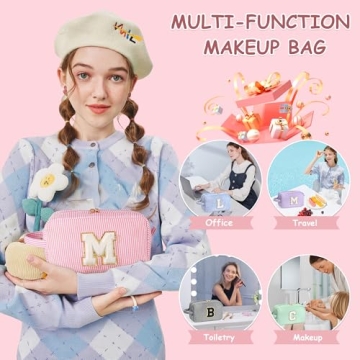 YOOLIFE Makeup Bag for Women - Monogram Cute Initial Blue Makeup Bags Cosmetic Toiletry Pouch Make Up Case for Women Her Best Friend Friendship Sister Teacher, Personalized Birthday Gifts for Women C