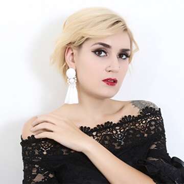 Boderier Bohemian Statement Thread Tassel Chandelier Drop Dangle Earrings with Cassandra Button Stud...