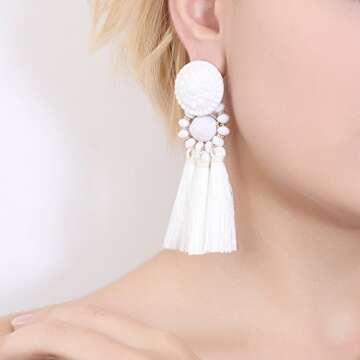 Boderier Bohemian Statement Thread Tassel Chandelier Drop Dangle Earrings with Cassandra Button Stud (White)