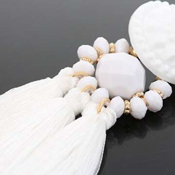 Boderier Bohemian Statement Thread Tassel Chandelier Drop Dangle Earrings with Cassandra Button Stud (White)