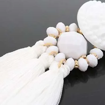 Boderier Bohemian Statement Thread Tassel Chandelier Drop Dangle Earrings with Cassandra Button Stud (White)