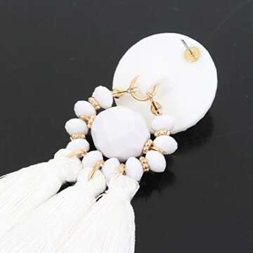 Boderier Bohemian Statement Thread Tassel Chandelier Drop Dangle Earrings with Cassandra Button Stud (White)