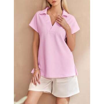 SHEWIN Womens Polo Shirts Casual Collared Short Sleeve Shirt Loose V Neck Summer Top Work Business Tunic Tops for Women Trendy, Pink, US 4-6(S)