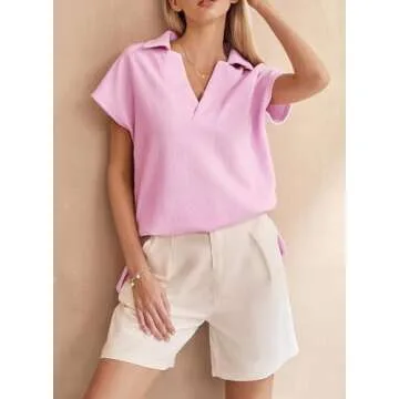 SHEWIN Womens Polo Shirts Casual Collared Short Sleeve Shirt Loose V Neck Summer Top Work Business Tunic Tops for Women Trendy, Pink, US 4-6(S)