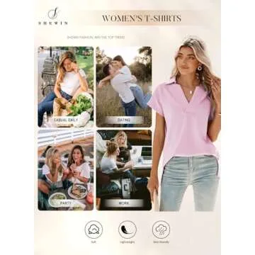 SHEWIN Womens Polo Shirts Casual Collared Short Sleeve Shirt Loose V Neck Summer Top Work Business Tunic Tops for Women Trendy, Pink, US 4-6(S)