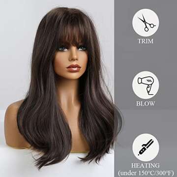 HAIRCUBE Brown Wigs with Bangs Medium Length Curly Wigs for Women Natural Looking Synthetic Wigs for Daily Use Pelucas De Cabello natural (Dark Brown)