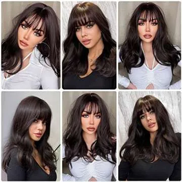 HAIRCUBE Brown Wigs with Bangs Medium Length Curly Wigs for Women Natural Looking Synthetic Wigs for Daily Use Pelucas De Cabello natural (Dark Brown)