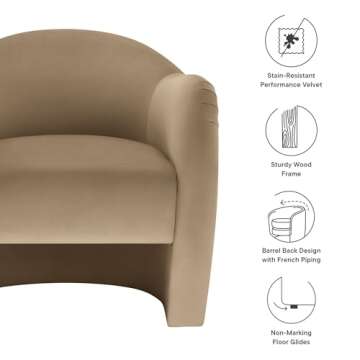 Modway Compose Barrel Chair with Performance Velvet Fabric in Taupe – Upholstered Accent Armchair with Curved Backrest – Cozy Lounge Chair for Reading – Round Comfy Single Sofa Club Chair