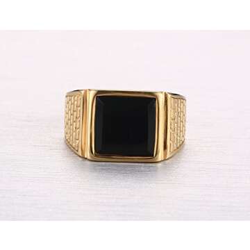 CARTER PAUL Men's Stainless Steel Black Onyx Gold Ring Europe and America Style, Size 7