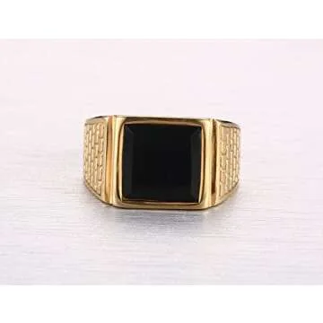 CARTER PAUL Men's Stainless Steel Black Onyx Gold Ring Europe and America Style, Size 7