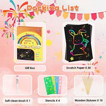 Scratch Paper Art Sets, Magic Scratch Rainbow Crafts Kits Drawing Toys for 3 4 5 6 7 8 9 Years Old Girls Boys, Educational Toys Thanksgiving Crafts Party Games Christmas Birthday Gift
