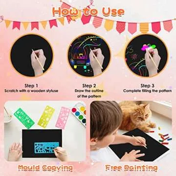 Scratch Paper Art Sets, Magic Scratch Rainbow Crafts Kits Drawing Toys for 3 4 5 6 7 8 9 Years Old Girls Boys, Educational Toys Thanksgiving Crafts Party Games Christmas Birthday Gift