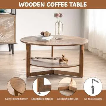 DS-HOMEPORT Wood Round Coffee Table for Living Room, 2 Tier Circle Coffee Table with Storage, Rustic Natural Coffee Table for Apartment, Easy Assembly (Espresso,35" Dx35 Wx18 H)