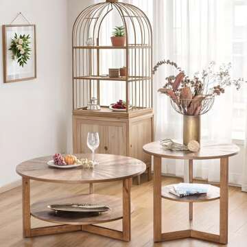 DS-HOMEPORT Wood Round Coffee Table for Living Room, 2 Tier Circle Coffee Table with Storage, Rustic Natural Coffee Table for Apartment, Easy Assembly (Espresso,35" Dx35 Wx18 H)