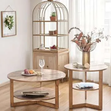 DS-HOMEPORT Wood Round Coffee Table for Living Room, 2 Tier Circle Coffee Table with Storage, Rustic Natural Coffee Table for Apartment, Easy Assembly (Espresso,35" Dx35 Wx18 H)