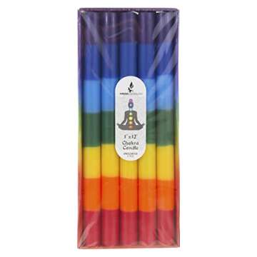 Mega Candles 5 pcs Unscented Multi Color Chakra Straight Taper Candle, Hand Poured Premium Wax Candles 12 Inch x 1 Inch, Cotton Wick, Promotes Positive Energy, Meditation & Relaxation