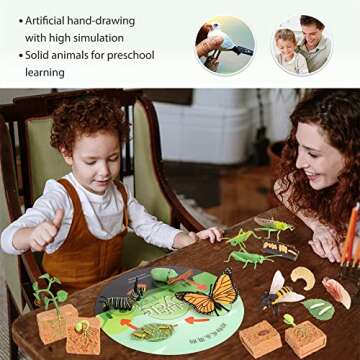 Volnau Animal Figurines Toys 16PCS Life Cycle Set Plant Locust Butterfly Caterpillars Bee Animal Figures for Toddlers Kids Decorations Preschool Educational Prop