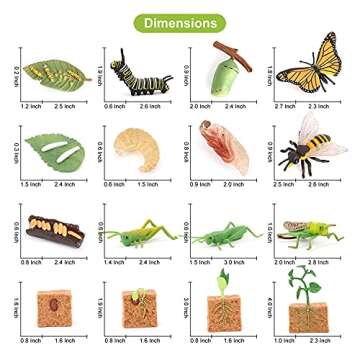 Volnau Animal Figurines Toys 16PCS Life Cycle Set Plant Locust Butterfly Caterpillars Bee Animal Figures for Toddlers Kids Decorations Preschool Educational Prop