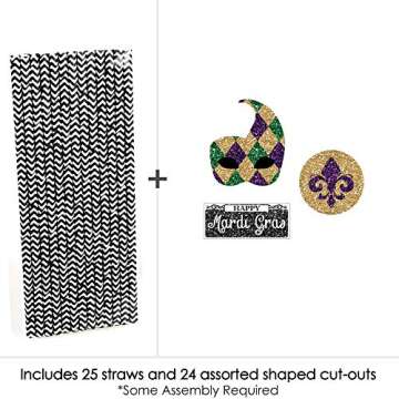 Mardi Gras Paper Straw Decor - Masquerade Party Striped Decorative Straws - Set of 24