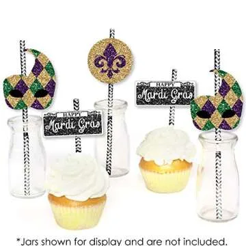 Mardi Gras Paper Straw Decor Set - 24 Masquerade Straws