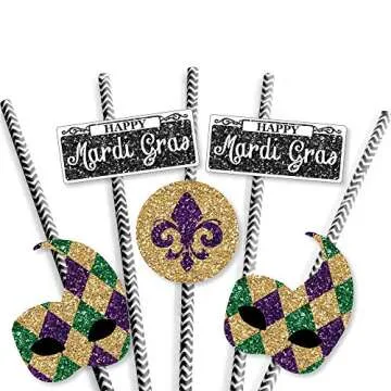 Mardi Gras Paper Straw Decor Set - 24 Masquerade Straws