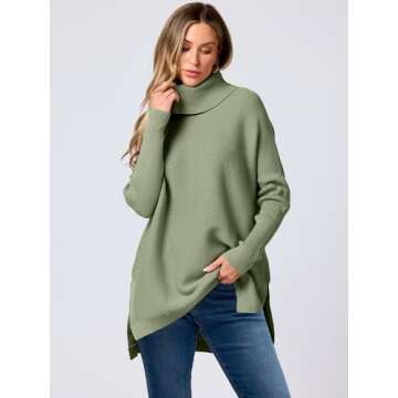 ANRABESS Women's Oversized Turtleneck Batwing Sleeve Spilt Casual Loose Knit Tunic Pullover Sweater Tops 2025 Fall Outfits Green Small