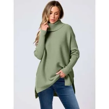 ANRABESS Women's Oversized Turtleneck Batwing Sleeve Spilt Casual Loose Knit Tunic Pullover Sweater Tops 2025 Fall Outfits Green Small