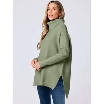 ANRABESS Women's Oversized Turtleneck Batwing Sleeve Spilt Casual Loose Knit Tunic Pullover Sweater Tops 2025 Fall Outfits Green Small