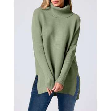 ANRABESS Women's Oversized Turtleneck Batwing Sleeve Spilt Casual Loose Knit Tunic Pullover Sweater Tops 2025 Fall Outfits Green Small
