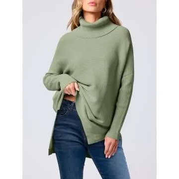 ANRABESS Women's Oversized Turtleneck Batwing Sleeve Spilt Casual Loose Knit Tunic Pullover Sweater Tops 2025 Fall Outfits Green Small