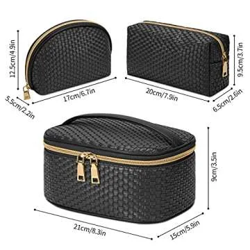 KTMOUW Makeup Bag 3 Pcs waterproof Cosmetic Bag Portable Travel Cosmetic Bag Weave Organizer storage bag (Black)