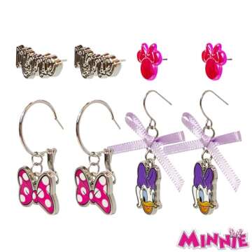 Disney Hypoallergenic Earrings for Girls – 2 Stud & 2 Fishhook Drop Earrings with Charms, One Size...