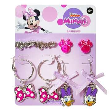 Disney Hypoallergenic Earrings for Girls – 2 Stud & 2 Fishhook Drop Earrings with Charms, One Size Fits All, Fun Accessories for Girls Ages 4+
