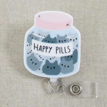 Happy Pills Cats Badge Reel - Fun ID Holder for Nurses, Teachers, and Cat Lovers