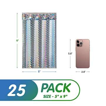 Amiff Holographic Metallic Bubble Mailers, 5 x 9 Inches. 25 Pack Poly Mailers Metallic. Opaque Bubble Mailers Metallic with Self-Seal Closure. Waterproof Metallic Bubble Envelope for Cosmetics