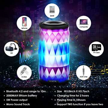MIANOVA LED Bluetooth Speaker,Night Light Changing Wireless Speaker, Portable Wireless Bluetooth Speaker 6 Color LED Themes,Handsfree/Phone/PC/MicroSD/USB Disk/AUX-in/TWS Supported