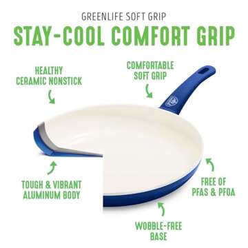 GreenLife Soft Grip 16 Piece Cookware Set, Non-Toxic PFAS-Free Ceramic Nonstick, Frying, Sauce, Saute, Utensils, Glass Lids, Stay-Cool Handles, Wobble Free, Dishwasher & Oven Safe, Blue
