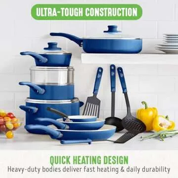 GreenLife Soft Grip 16 Piece Cookware Set, Non-Toxic PFAS-Free Ceramic Nonstick, Frying, Sauce, Saute, Utensils, Glass Lids, Stay-Cool Handles, Wobble Free, Dishwasher & Oven Safe, Blue