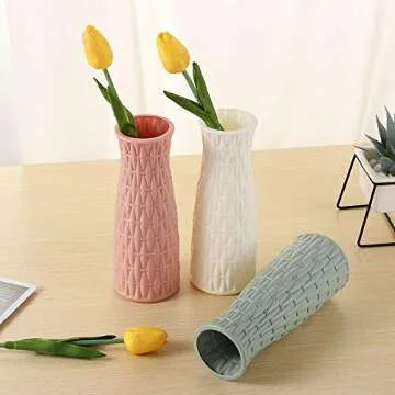 Ceramic Look Plastic Vase - Unbreakable Vase for Flowers (Woven Dusty Pink) Pink Vases Home Decor Party Centerpiece