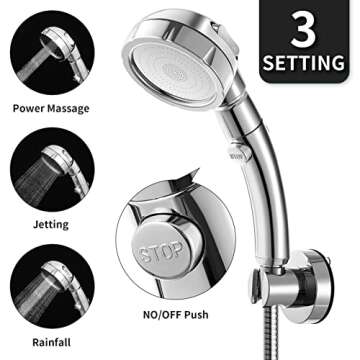 Marbrasse 3-Settings Handheld High Pressure Showerhead with ON/Off Full Shutoff Push Button,Water-sa...