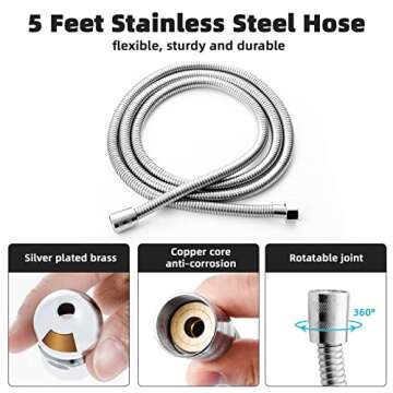 Marbrasse 3-Settings Handheld High Pressure Showerhead with ON/Off Full Shutoff Push Button,Water-saving Camping Shower with Adjustable Angle(Vacuum Suction Shower Head Holder+5 Feet Shower Hose)