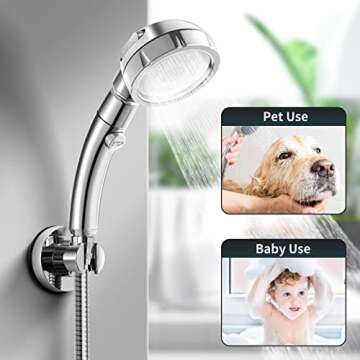 Marbrasse 3-Settings Handheld High Pressure Showerhead with ON/Off Full Shutoff Push Button,Water-saving Camping Shower with Adjustable Angle(Vacuum Suction Shower Head Holder+5 Feet Shower Hose)