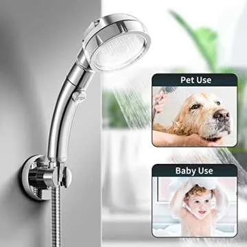 Marbrasse 3-Settings Handheld High Pressure Showerhead with ON/Off Full Shutoff Push Button,Water-saving Camping Shower with Adjustable Angle(Vacuum Suction Shower Head Holder+5 Feet Shower Hose)