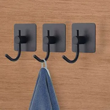 VAEHOLD 6 Pack Adhesive Wall Hooks, Heavy Duty Sticky Holder Aluminum Towel Hooks for Hanging Coat, Hat, Key, Clothes, Closet Hook Wall Mount for Kitchen, Bathroom, Office (Black)