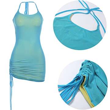 y2k Trendy Halter mesh Mini Dress Women Summer Sleeveless Ruched Bodycon Square Neck Open Back Sundress Drawstring Fairy Club Night Going Out Rave Cocktail Outfits Party Short Dress Green Yellow S
