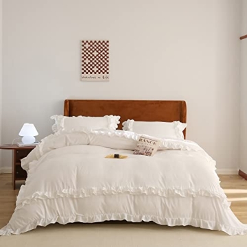 Boho White Twin Duvet Cover - Vintage Ruffled Microfiber Bedding for Cozy Comfort