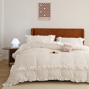 Boho White Twin Duvet Cover Vintage Ruffled Microfiber Bedding