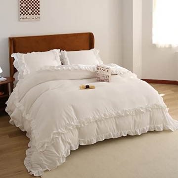 Boho White Twin Duvet Cover Vintage Ruffled Microfiber Bedding