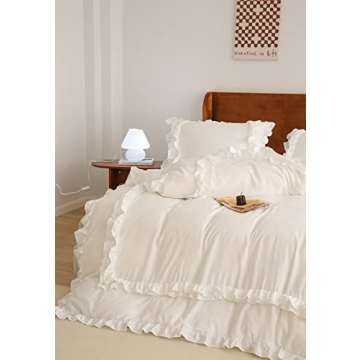 Boho White Twin Duvet Cover Vintage Ruffled Microfiber Bedding